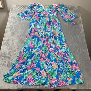 Lilly Pulitzer Maxi Dress Size 00 Blue Butterfly Floral Tiered Bell Sleeve